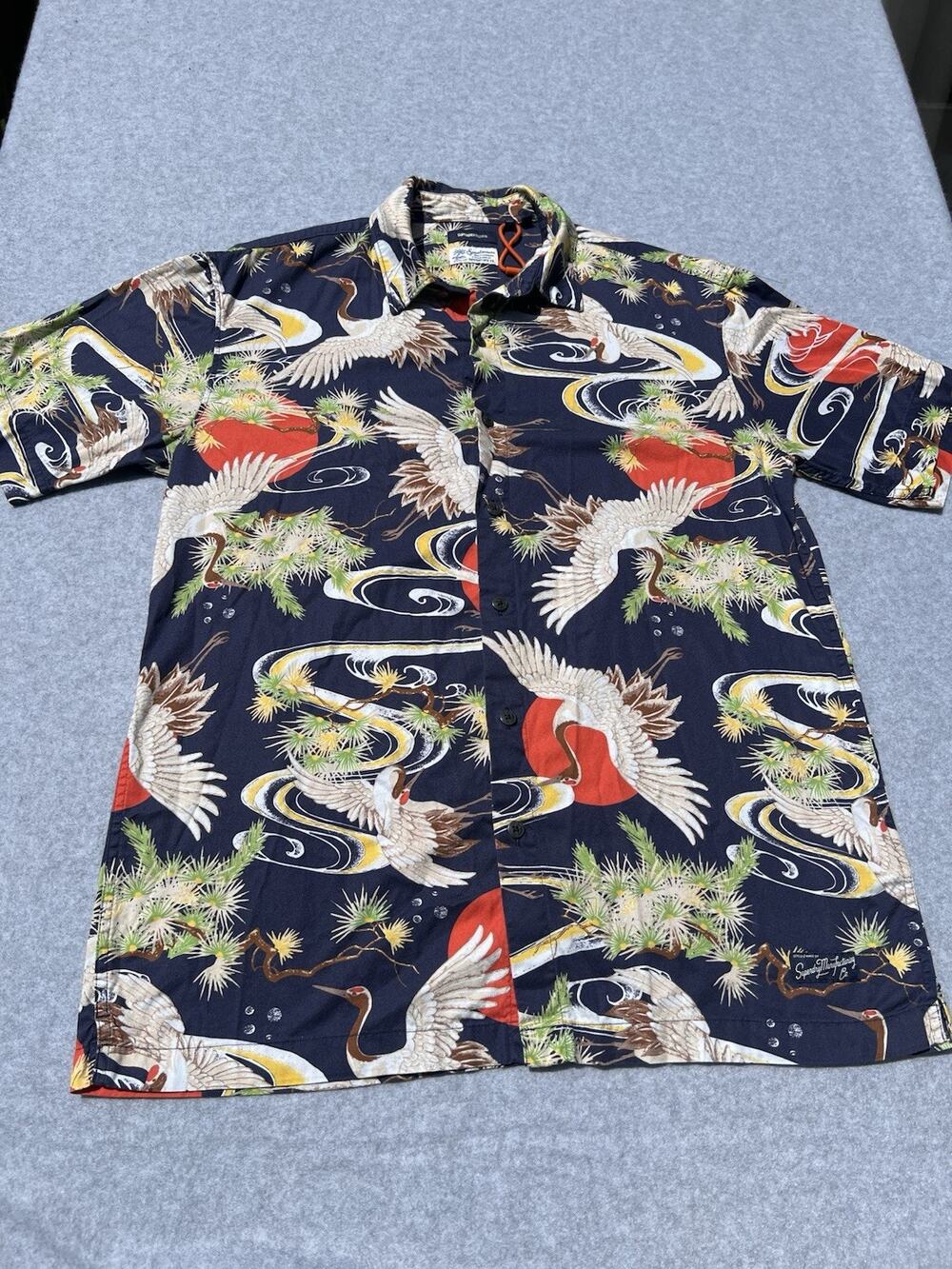 Superdry Mens Medium Blue Crane Print Hawaiian Camp Shirt Modal Blend AOP